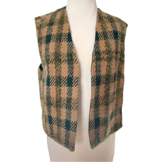Vintage Handmade Wool Tan and Green Plaid Open Fr… - image 4