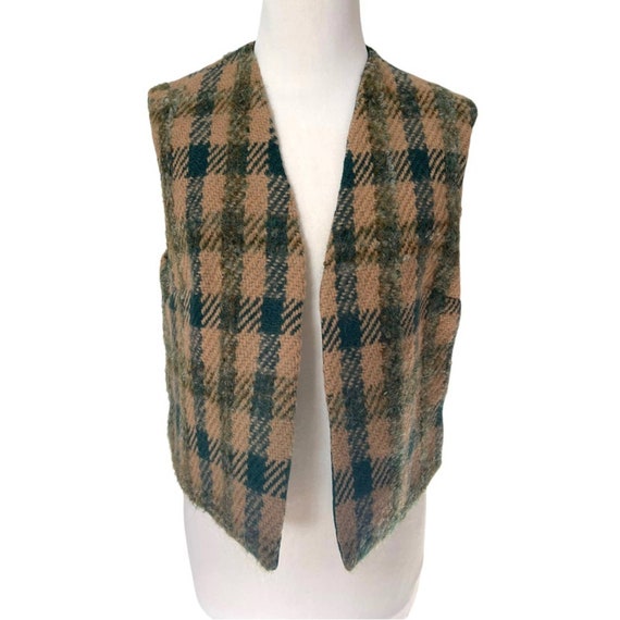 Vintage Handmade Wool Tan and Green Plaid Open Fr… - image 2