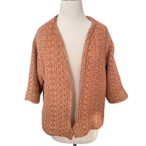 Vintage Handwoven Orange and Tan Wool Yarn Coat O… - image 1