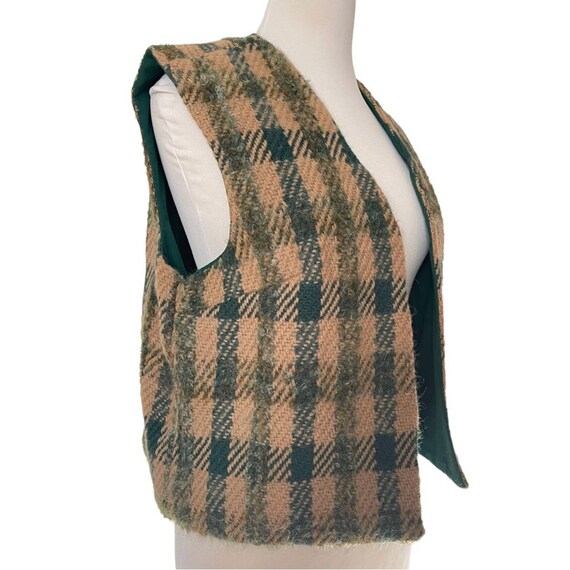 Vintage Handmade Wool Tan and Green Plaid Open Fr… - image 5