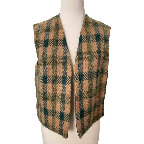 Vintage Handmade Wool Tan and Green Plaid Open Fr… - image 3