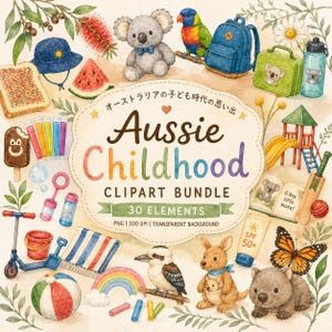Pode incluir: Um conjunto de ilustrações em aquarela intitulado Aussie Childhood com 30 elementos, incluindo um coala, canguru, kookaburra, vombate, arco-íris, taco de críquete, patinete, bola de praia, protetor solar, mochila, lancheira e vários lanches.
