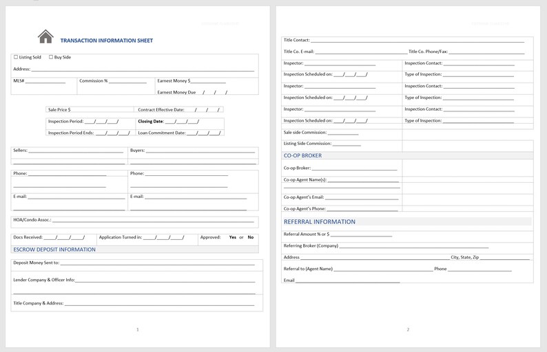 Real Estate Transaction Sheet Checklist PDF Printable 5 pages Etsy