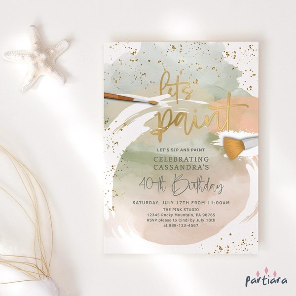 Painting Party Invite Birthday Invitations Ladies Fall Lets Paint Printable Rustic Sage Beige Gold Decor Editable Digital Download P731