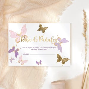 Cartão de rifa de fraldas borboleta em espanhol, convites para festa de meninas para imprimir, decoração rosa lilás, modelo editável para download digital P345