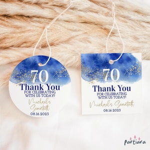 Stickers cadeaux d'anniversaire modifiables pour hommes 50e, 60e, 70e, étiquettes de cadeau, étiquettes imprimables bleu royal, décoration en or, téléchargement P237