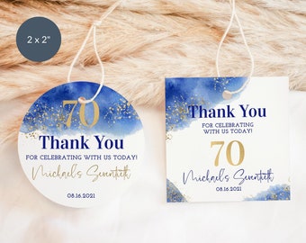 Royal Blue and Gold Favor Tags Printable, Adult Birthday Party Milestone Party Gift Thank You Tags or Stickers, Square or Round