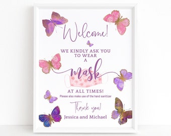 Baby Butterfly Mask Sign Social Distancing Please Wear a Mask Printable Table Poster Decor Pink Purple Butterflies Party Editable P337