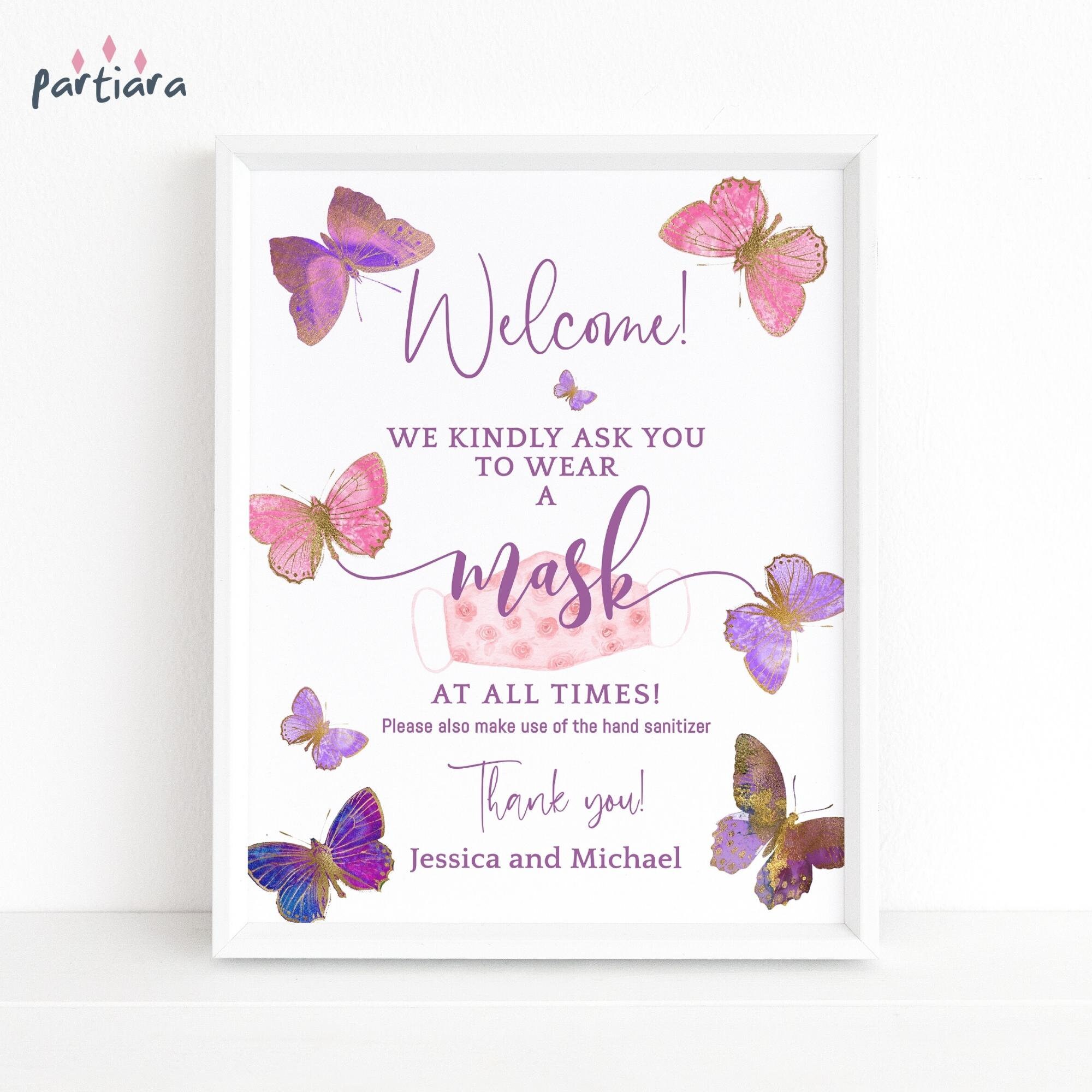 Baby Butterfly Mask Sign Social Distancing Please Wear a Mask Printable Table Poster Decor Pink Purple Butterflies Party Editable P337
