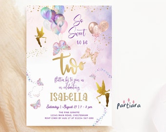 Butterfly Fairy 2nd Birthday Invite Printable Girl Sweet to be Two Pink Purple Gold Fairies Balloon Editable Download Template P87