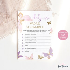 Girl Baby Shower Word Scramble Game Butterflies Lilac Pink Purple Gold Party Activity Cards Editable Digital Download Template P6 P345