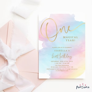 Convite de aniversário pastel convite de 1º aniversário arco-íris para impressão, cartão de um ano mágico para meninas, modelo digital editável para download P179