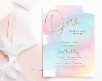 Girl 1st Birthday Magical Year Rainbow Printable Party Invite Editable Digital Download Template in Pink Blue and Gold P179