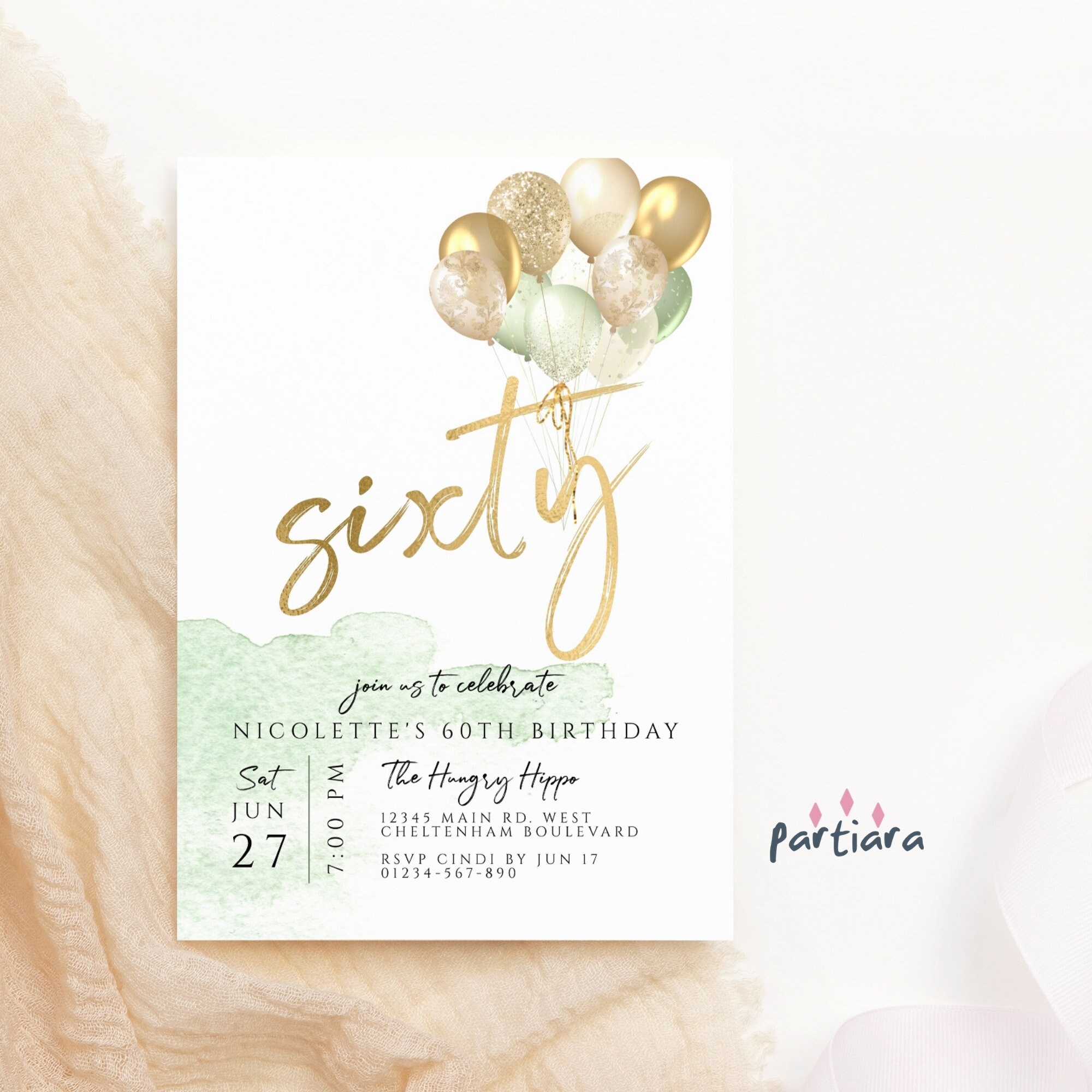 Mint Green Gold 60th Birthday Invitation Adult Surprise Party Etsy
