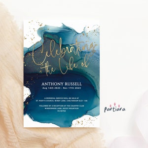 Feier des Lebens Laden Ankündigungskarte für Männer oder Damen Teal Blau Gold Dekor Printable Bearbeitbare Digital Download Vorlage P231 ein