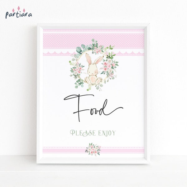 Baby Bunny Food Sign Girl Baby Shower Party Buffet Table Poster Decoration Printable Pastel Pink Floral Easter Decor Editable Download P119