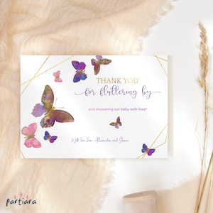 Butterfly Thank You Cards Baby Shower Printable for Girls, Birthday Thankyou Notecards, Pink Purple Lilac Gold Decor, Editable Template P337