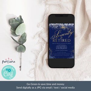 Seventy and Retired Invite, 70th Birthday and Retirement Party Invitation Printable, Men's Navy Blue Silver Gold, Editable Download P698 image 5