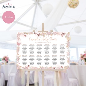 Vlinder stoelentabel, roze vlinders zitplaatsbord, meisje babyshower feest tafelplan afdrukbaar, pastel roségoud decor, bewerkbare P171