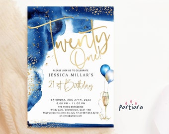 21st Birthday Invitation Blue Gold Template, Boys Turning Twenty One Dinner Party Invite Card Printable, Editable Digital Download P260