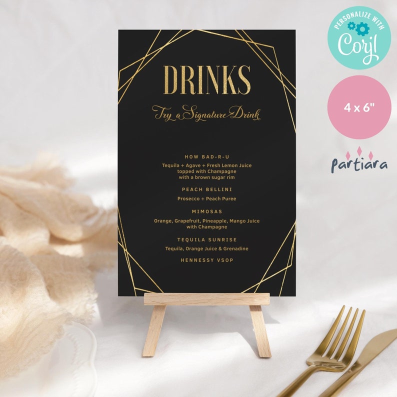 Black Gold Signature Drinks Menu Birthday Cocktails Bar Menus Etsy Canada