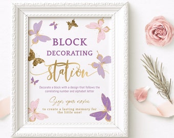 Baby Shower Decorating Table Sign, Butterfly Party Table Poster Printable, Girls Pink Purple Decor Editable Template Download P345