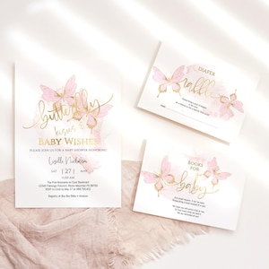 Butterfly Baby Shower Invitation Set Digital Download, Girls Butterfly Kisses and Baby Wishes Party Invite Bundle, Pastel Pink Editable P293