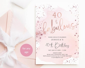 Blush Pink 40th Birthday Invite Forty and Fabulous Printable Rose Gold Brunch Lunch Dinner Party Invitation Editable Digital Download P458