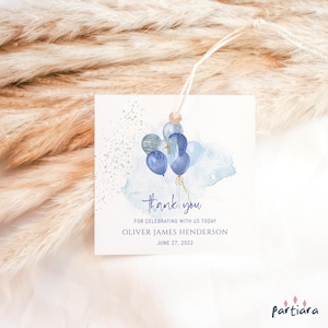 Boy Baptism Tags, Thank You Favor Gifts Tag Printable, Christening Gift Label Template, Blue Silver Balloons Decor, Editable Download P291