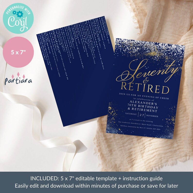 Seventy and Retired Invite, 70th Birthday and Retirement Party Invitation Printable, Men's Navy Blue Silver Gold, Editable Download P698 image 6
