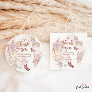Étiquette de cadeau Boho baby shower, imprimable fille papillon, étiquettes pour cadeaux modifiables ours en peluche pampa, herbe florale, modèle d'étiquettes à télécharger P171