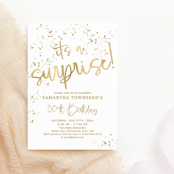 Invitación a una fiesta sorpresa, invitación imprimible para una cena sorpresa de cumpleaños para damas, decoración con confeti dorado y blanco, descarga editable P493