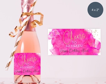 Felroze wijnetiketsjabloon, mini-champagnelabels afdrukbaar, dames Cheers to 40 Years Dinner Party Favors, bewerkbare download P200