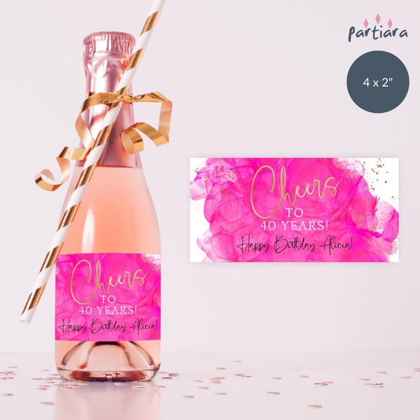 Cheers to 40 Years Birthday Favor Gifts Label Printable Ladies Hot Pink and Gold Party Mini Wine Gifts Editable Digital Download P200