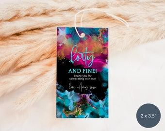 40歳の誕生日タグ、記念品ギフトハングタグテンプレート、女性40歳と高級印刷ラベル、ホットピンクティールブルー装飾、編集可能なダウンロード P750