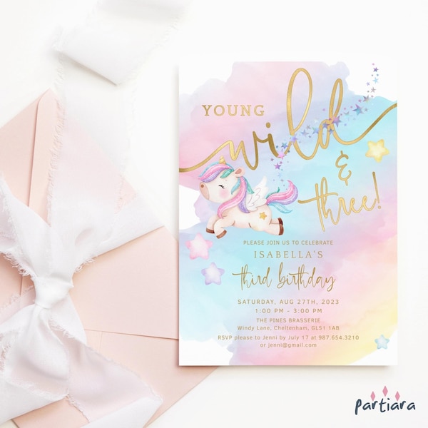 Young Wild Three Invite Girls Unicorn Party Invitations Printable Pastel Rainbow Sky Decor Editable Digital Download Template P179