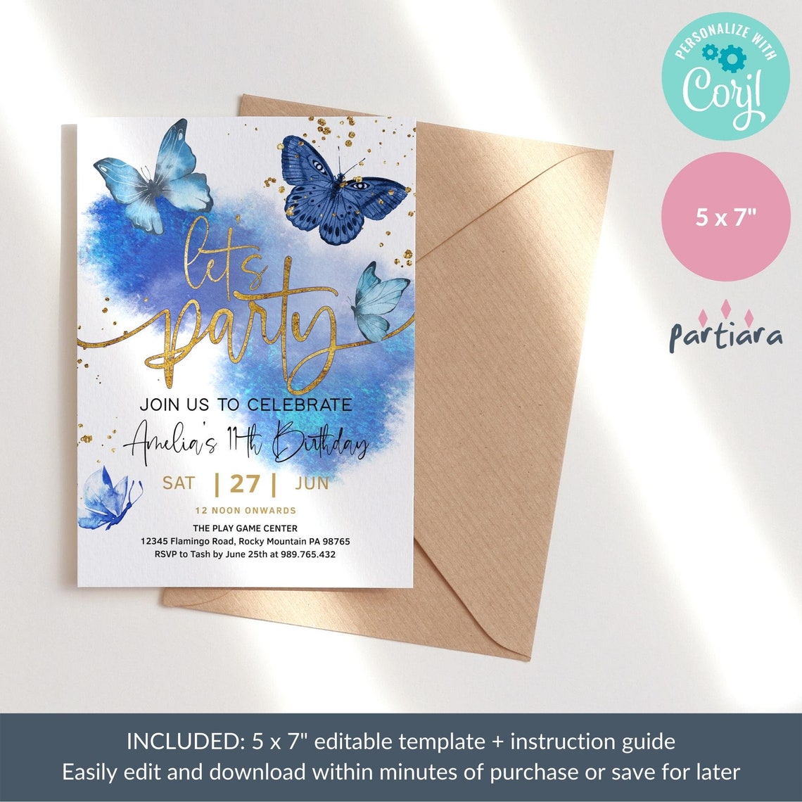 Royal Blue Butterfly Birthday Invite Editable Template Girls Etsy