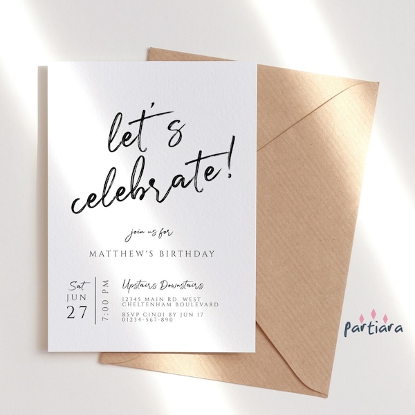 Let's Celebrate Party Invitation Online Editable Template, Surprise Birthday Party Invites, Anniversary Invites, Black White Invite for Him