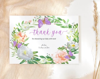 Ladies Birthday Thank You Notecard Butterfly Garden Party Cards Lilac Peach Floral Girl Baby Shower Thankyou Printable Editable Download P15