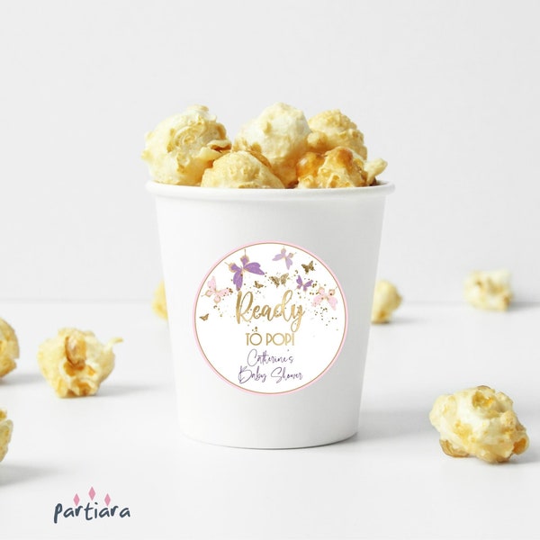 Butterfly Baby Shower Popcorn Favor Gifts Label Printable Girl Ready to Pop DIY Stickers Editable Template Blush Pink Lilac Purple P6 P345