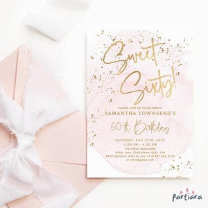 Rosa 60. Geburtstagseinladung Vorlage, Damen Pastell Brunch Party einladen Printable, Sweet Sixty Tea Party Karte, Bearbeitbarer Download P249