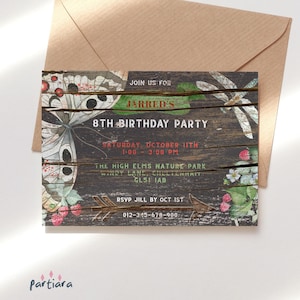 Woodland verjaardagsuitnodiging sjabloon, natuur uitnodiging voor feest afdrukbare, picknick Natures Trail rustieke kaart, bewerkbare digitale download P559