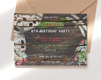 Editable Woodland Nature Trail Birthday Invitation Printable Outdoors Hike Nature Reserve Picnic Party Invite Rustic Wood Digital Cards P559
