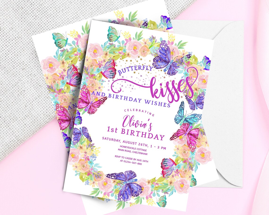 Floral Butterfly Birthday Invitation Rainbow Butterflies 1st Etsy