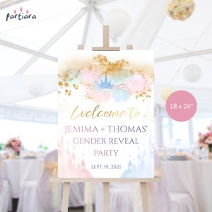 Prince Princess Gender Reveal Welcome Sign Printable, Fairytale Castle and Crown Decor, Blue Pink Baby Shower Welcome Poster, Editable P137