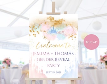 Fairytale Party Welcome Sign Printable Gender Reveal Baby Shower Prince Princess Birthday Welcome Poster EDITABLE Crowns Gold Decor P137