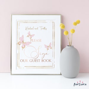 Butterfly Guest Book Sign Template, Girl Baby Shower Table Poster Printable, Blush Pink Rose Gold Decor, Editable Digital Download P293