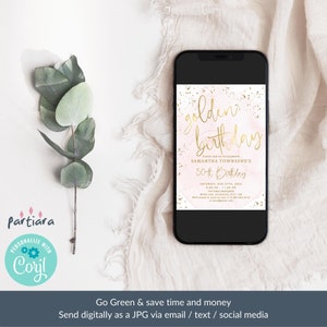 May include: A digital invitation for a 30th birthday party with a pink and gold watercolor background. The text reads "golden birthday" and "Samantha Townsend's 30th Birthday".