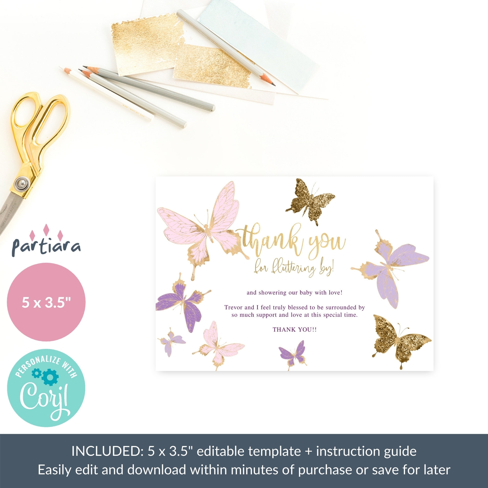 Butterfly Thank You Card Girl Baby Shower 1st Birthday Baptism Etsy