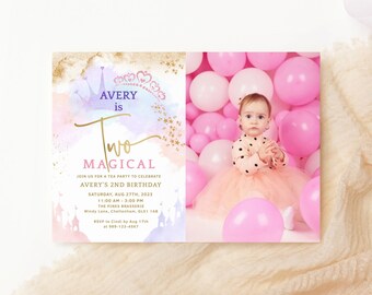 Two Magical Birthday Invitation Photo Template: Girls Princess Party Theme (Digital Download) P137